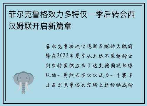 菲尔克鲁格效力多特仅一季后转会西汉姆联开启新篇章